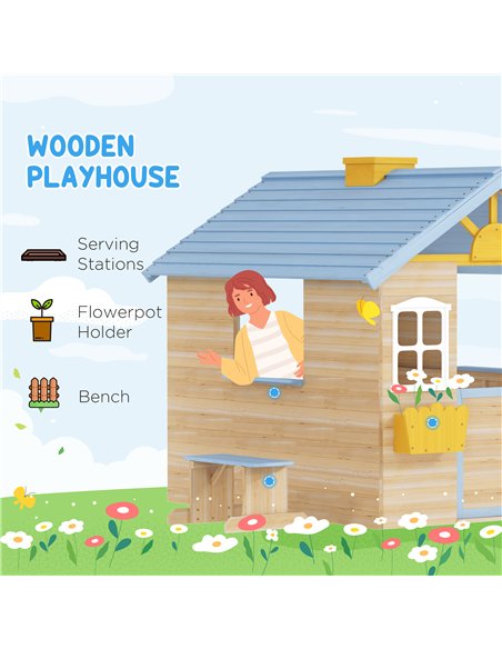 Outsunny Wooden Playhouse, Wendy House with Door, Bench, Flowerpot Holder, for Ages 3-7 Years, Blue - pic 203097 | FastDaddyshop