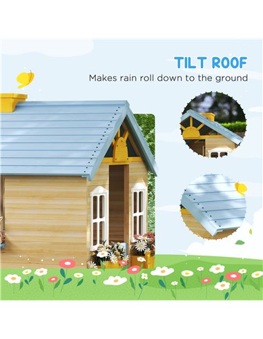Outsunny Wooden Playhouse, Wendy House with Door, Bench, Flowerpot Holder, for Ages 3-7 Years, Blue