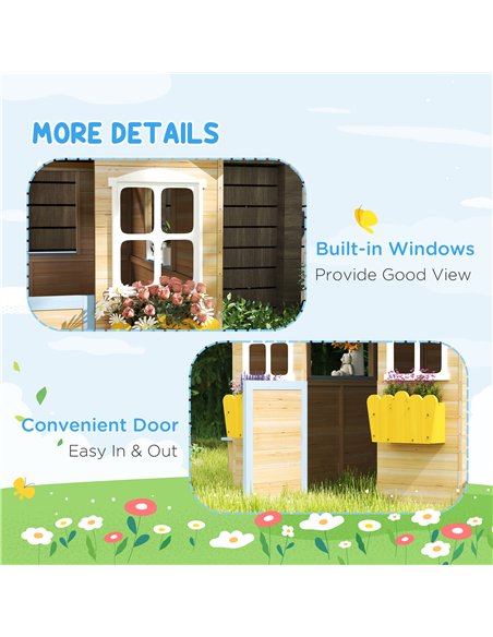 Outsunny Wooden Playhouse, Wendy House with Door, Bench, Flowerpot Holder, for Ages 3-7 Years, Blue - pic 203099 | FastDaddyshop