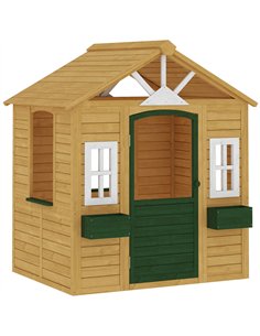 AIYAPLAY Outdoor Kids Playhouse, Wooden Wendy House with Door, 3 Windows, 2 Flower Boxes for Garden, Indoor Playroom