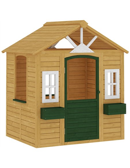AIYAPLAY Outdoor Kids Playhouse, Wooden Wendy House with Door, 3 Windows, 2 Flower Boxes for Garden, Indoor Playroom - pic 203102 | FastDaddyshop