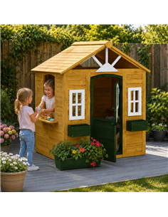 AIYAPLAY Outdoor Kids Playhouse, Wooden Wendy House with Door, 3 Windows, 2 Flower Boxes for Garden, Indoor Playroom 2