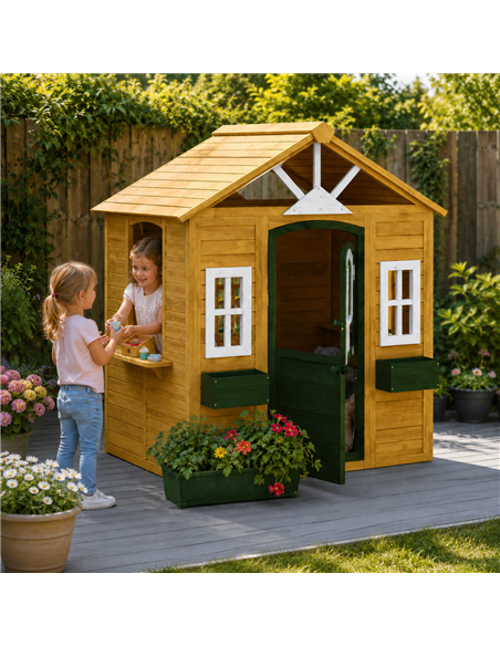 AIYAPLAY Outdoor Kids Playhouse, Wooden Wendy House with Door, 3 Windows, 2 Flower Boxes for Garden, Indoor Playroom - pic 203103 | FastDaddyshop