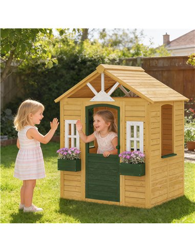 AIYAPLAY Outdoor Kids Playhouse, Wooden Wendy House with Door, 3 Windows, 2 Flower Boxes for Garden, Indoor Playroom