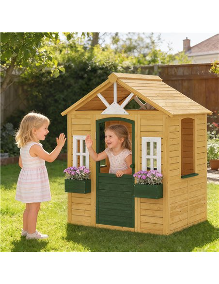 AIYAPLAY Outdoor Kids Playhouse, Wooden Wendy House with Door, 3 Windows, 2 Flower Boxes for Garden, Indoor Playroom - pic 203104 | FastDaddyshop