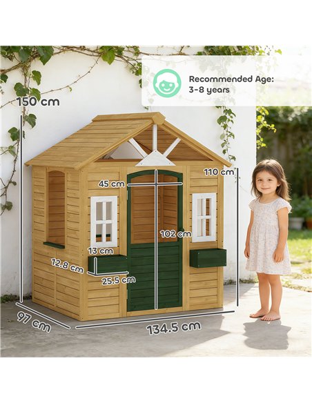 AIYAPLAY Outdoor Kids Playhouse, Wooden Wendy House with Door, 3 Windows, 2 Flower Boxes for Garden, Indoor Playroom - pic 203105 | FastDaddyshop