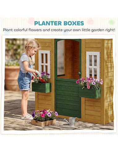 AIYAPLAY Outdoor Kids Playhouse, Wooden Wendy House with Door, 3 Windows, 2 Flower Boxes for Garden, Indoor Playroom