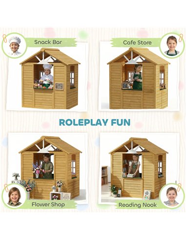 AIYAPLAY Outdoor Kids Playhouse, Wooden Wendy House with Door, 3 Windows, 2 Flower Boxes for Garden, Indoor Playroom
