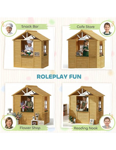AIYAPLAY Outdoor Kids Playhouse, Wooden Wendy House with Door, 3 Windows, 2 Flower Boxes for Garden, Indoor Playroom - pic 203108 | FastDaddyshop