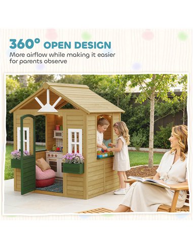 AIYAPLAY Outdoor Kids Playhouse, Wooden Wendy House with Door, 3 Windows, 2 Flower Boxes for Garden, Indoor Playroom