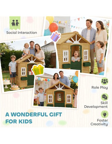 AIYAPLAY Outdoor Kids Playhouse, Wooden Wendy House with Door, 3 Windows, 2 Flower Boxes for Garden, Indoor Playroom