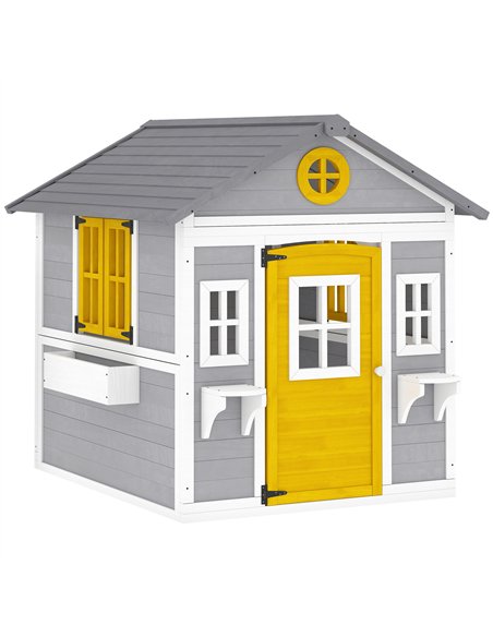 Outsunny Wooden Playhouse with Doors, Windows, Plant Pots, Boxes, for 3-8 Years - Grey - pic 203111 | FastDaddyshop