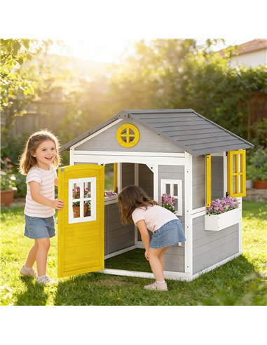 Outsunny Wooden Playhouse with Doors, Windows, Plant Pots, Boxes, for 3-8 Years - Grey