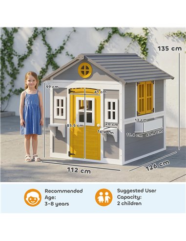 Outsunny Wooden Playhouse with Doors, Windows, Plant Pots, Boxes, for 3-8 Years - Grey