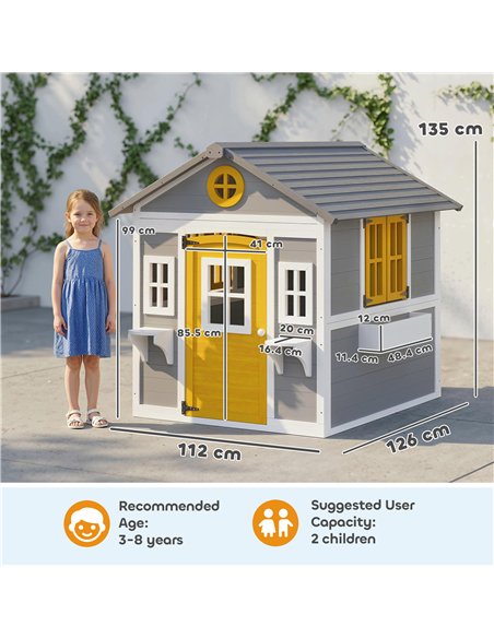 Outsunny Wooden Playhouse with Doors, Windows, Plant Pots, Boxes, for 3-8 Years - Grey - pic 203113 | FastDaddyshop