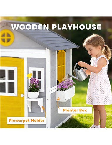 Outsunny Wooden Playhouse with Doors, Windows, Plant Pots, Boxes, for 3-8 Years - Grey