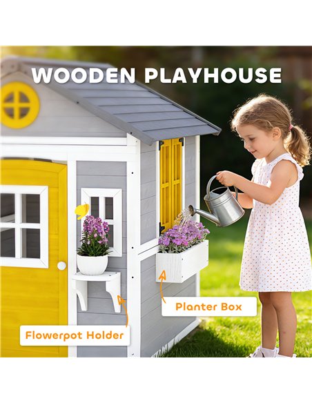 Outsunny Wooden Playhouse with Doors, Windows, Plant Pots, Boxes, for 3-8 Years - Grey - pic 203114 | FastDaddyshop
