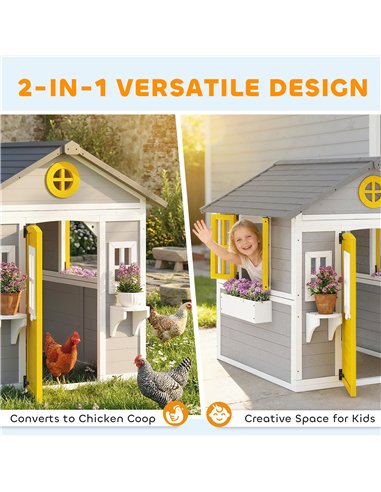 Outsunny Wooden Playhouse with Doors, Windows, Plant Pots, Boxes, for 3-8 Years - Grey
