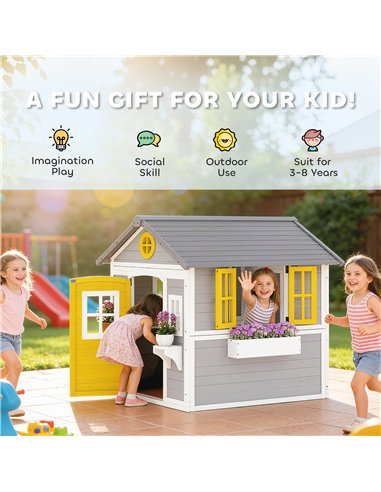 Outsunny Wooden Playhouse with Doors, Windows, Plant Pots, Boxes, for 3-8 Years - Grey