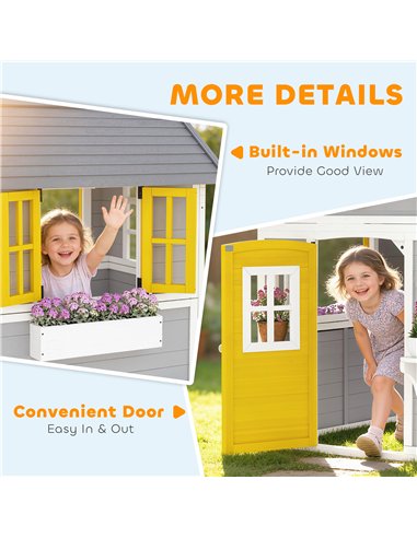 Outsunny Wooden Playhouse with Doors, Windows, Plant Pots, Boxes, for 3-8 Years - Grey