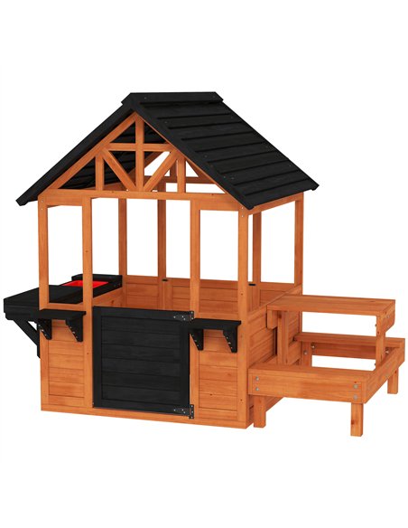 AIYAPLAY Wooden Playhouse Playhouse for Kids with Table, Benches, Sink Table, Windows, Flowerpot Holders, for Ages 3-8, Brown - pic 203120 | FastDaddyshop