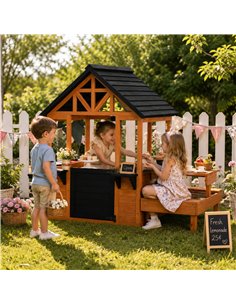 AIYAPLAY Wooden Playhouse Playhouse for Kids with Table, Benches, Sink Table, Windows, Flowerpot Holders, for Ages 3-8, Brown 2