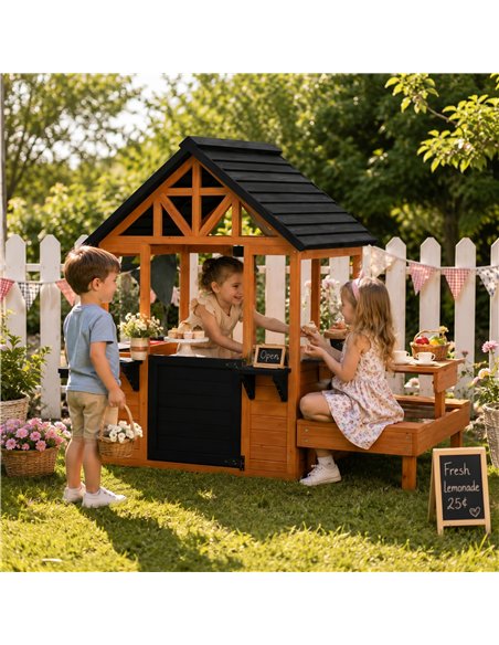 AIYAPLAY Wooden Playhouse Playhouse for Kids with Table, Benches, Sink Table, Windows, Flowerpot Holders, for Ages 3-8, Brown - pic 203121 | FastDaddyshop