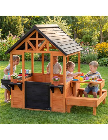 AIYAPLAY Wooden Playhouse Playhouse for Kids with Table, Benches, Sink Table, Windows, Flowerpot Holders, for Ages 3-8, Brown