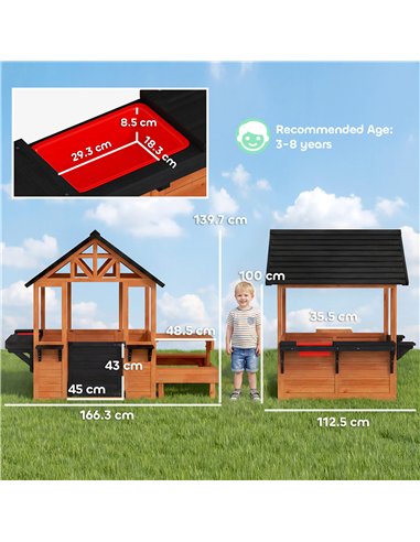 AIYAPLAY Wooden Playhouse Playhouse for Kids with Table, Benches, Sink Table, Windows, Flowerpot Holders, for Ages 3-8, Brown