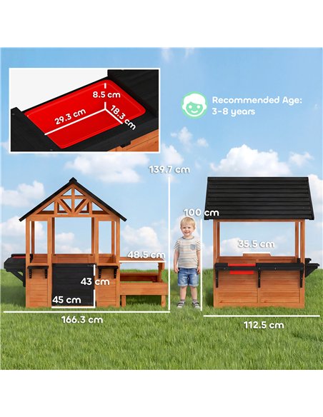 AIYAPLAY Wooden Playhouse Playhouse for Kids with Table, Benches, Sink Table, Windows, Flowerpot Holders, for Ages 3-8, Brown - pic 203123 | FastDaddyshop