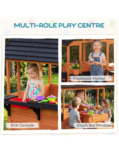 AIYAPLAY Wooden Playhouse Playhouse for Kids with Table, Benches, Sink Table, Windows, Flowerpot Holders, for Ages 3-8, Brown