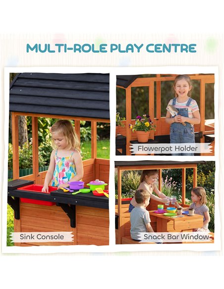 AIYAPLAY Wooden Playhouse Playhouse for Kids with Table, Benches, Sink Table, Windows, Flowerpot Holders, for Ages 3-8, Brown - pic 203124 | FastDaddyshop