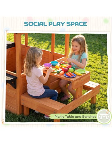 AIYAPLAY Wooden Playhouse Playhouse for Kids with Table, Benches, Sink Table, Windows, Flowerpot Holders, for Ages 3-8, Brown