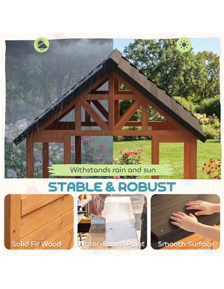 AIYAPLAY Wooden Playhouse Playhouse for Kids with Table, Benches, Sink Table, Windows, Flowerpot Holders, for Ages 3-8, Brown - pic 203126 | FastDaddyshop
