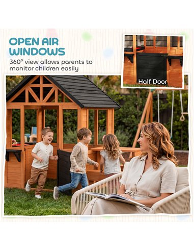 AIYAPLAY Wooden Playhouse Playhouse for Kids with Table, Benches, Sink Table, Windows, Flowerpot Holders, for Ages 3-8, Brown