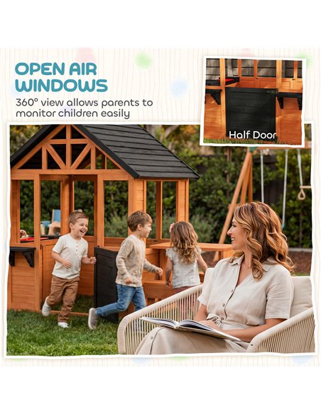 AIYAPLAY Wooden Playhouse Playhouse for Kids with Table, Benches, Sink Table, Windows, Flowerpot Holders, for Ages 3-8, Brown - pic 203127 | FastDaddyshop