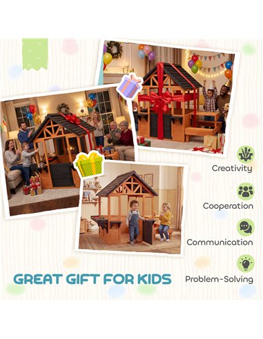 AIYAPLAY Wooden Playhouse Playhouse for Kids with Table, Benches, Sink Table, Windows, Flowerpot Holders, for Ages 3-8, Brown