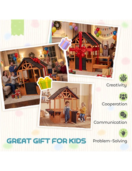 AIYAPLAY Wooden Playhouse Playhouse for Kids with Table, Benches, Sink Table, Windows, Flowerpot Holders, for Ages 3-8, Brown - pic 203128 | FastDaddyshop