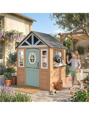 AIYAPLAY Wooden Playhouse for Kids, Wendy House with Pet Door, Play Kitchen, Half Door and Windows for Indoor Outdoor, Ages 2+