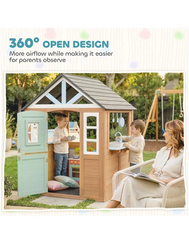 AIYAPLAY Wooden Playhouse for Kids, Wendy House with Pet Door, Play Kitchen, Half Door and Windows for Indoor Outdoor, Ages 2+