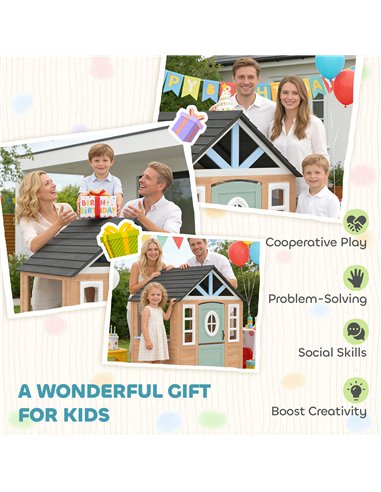 AIYAPLAY Wooden Playhouse for Kids, Wendy House with Pet Door, Play Kitchen, Half Door and Windows for Indoor Outdoor, Ages 2+