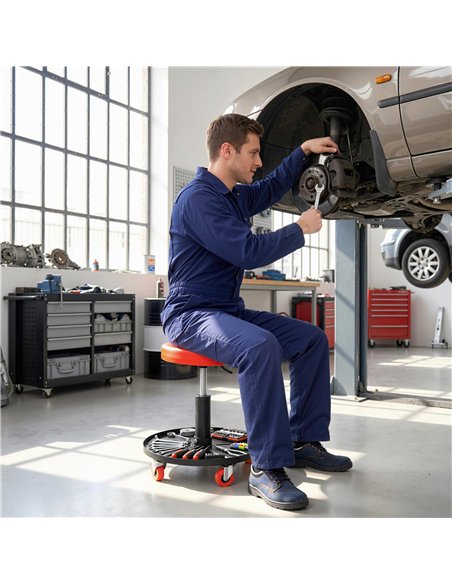 HOMCOM Rolling Mechanical Stool, Pneumatic Adjustable Workshop Stool with Tool Tray, Wheels - Orange - pic 203185 | FastDaddyshop