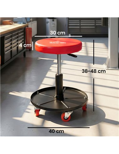 HOMCOM Rolling Mechanical Stool, Pneumatic Adjustable Workshop Stool with Tool Tray, Wheels - Orange