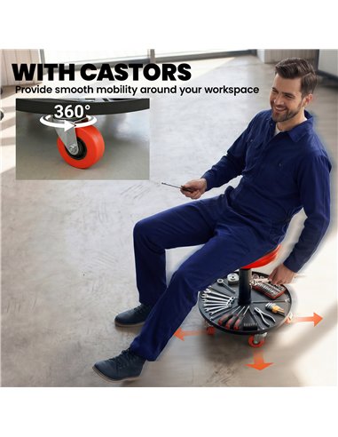 HOMCOM Rolling Mechanical Stool, Pneumatic Adjustable Workshop Stool with Tool Tray, Wheels - Orange