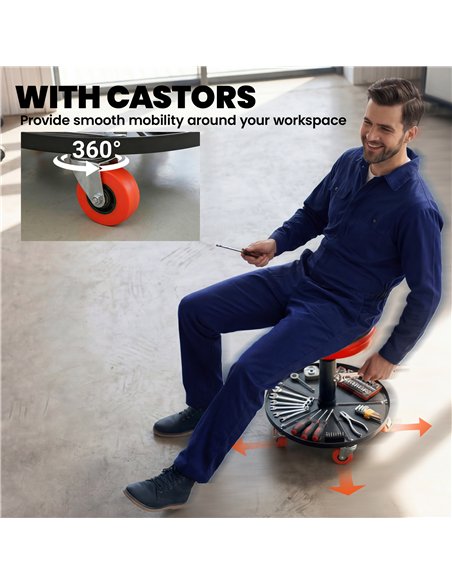 HOMCOM Rolling Mechanical Stool, Pneumatic Adjustable Workshop Stool with Tool Tray, Wheels - Orange - pic 203189 | FastDaddyshop