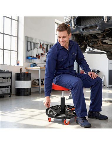 HOMCOM Rolling Mechanical Stool, Pneumatic Adjustable Workshop Stool with Tool Tray, Wheels - Orange