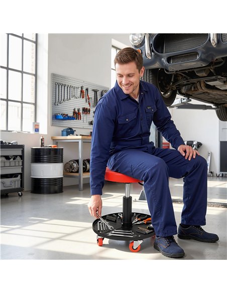 HOMCOM Rolling Mechanical Stool, Pneumatic Adjustable Workshop Stool with Tool Tray, Wheels - Orange - pic 203190 | FastDaddyshop