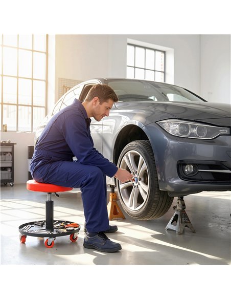HOMCOM Rolling Mechanical Stool, Pneumatic Adjustable Workshop Stool with Tool Tray, Wheels - Orange - pic 203192 | FastDaddyshop