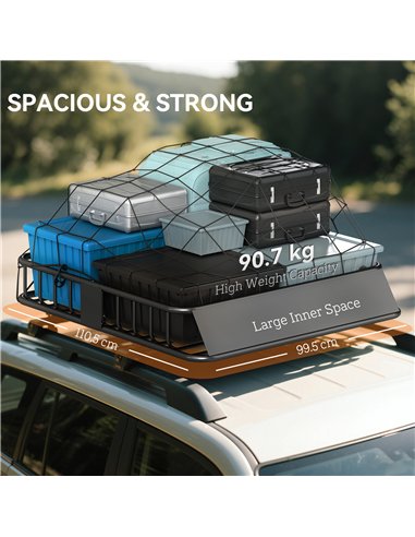 HOMCOM Universal Roof Rack Basket Tray, 90.7 kg Steel Car Rooftop Luggage Cargo Carrier Holder with Wind Fairing, Side Rails for