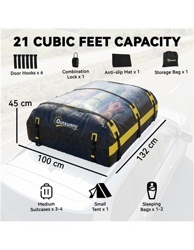 Outsunny Car Roof Bag, 21 Cubic Feet Waterproof Soft Car Roof Box Roofing Cargo Carrier w/ Reflective Arrows, Door Hooks, Yellow